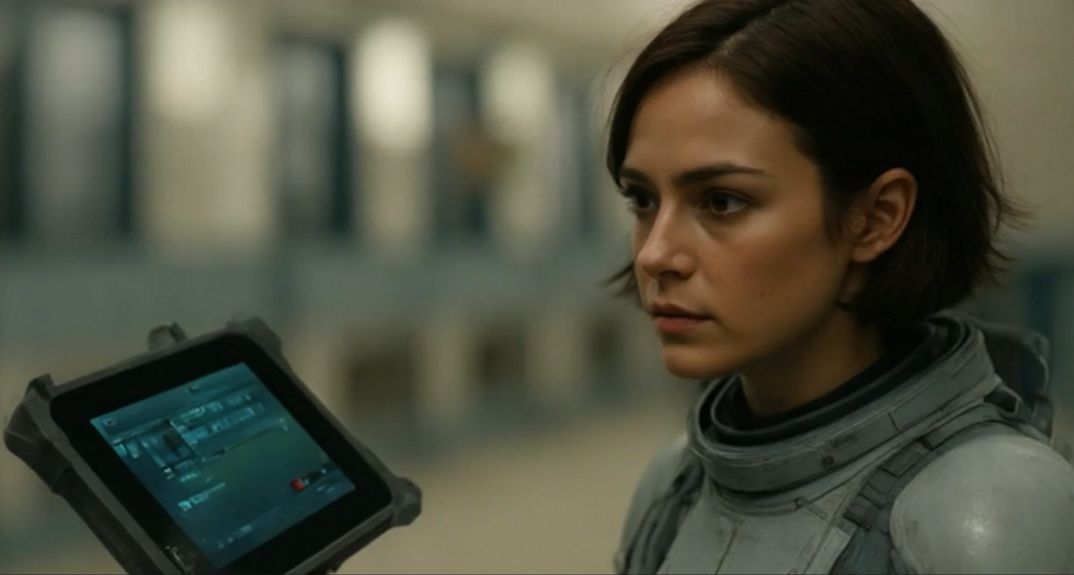 Woman in a futuristic suit looks at a digital tablet with a focused expression. Blurred industrial background; screen displays technical data. Lena Ryland