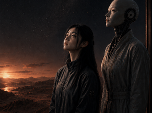 Book cover of Icarus, a sci-fi novel by Zsolt Bugarszki. A woman and a humanoid android stand side by side, looking out a window at a Martian sunset over a colony.