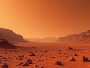 Wide angle view of red Martian landscape