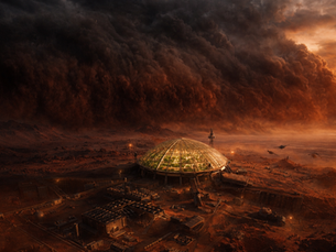Aerial view of the Russian Vostok colony on Mars, its glowing green hydroponic dome lit from within as a massive dust storm rolls toward the outpost at sunset.