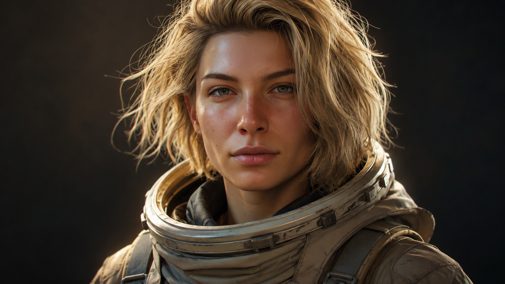 Close-up of a blonde astronaut in a tan suit against a dark background, gazing calmly at the camera.