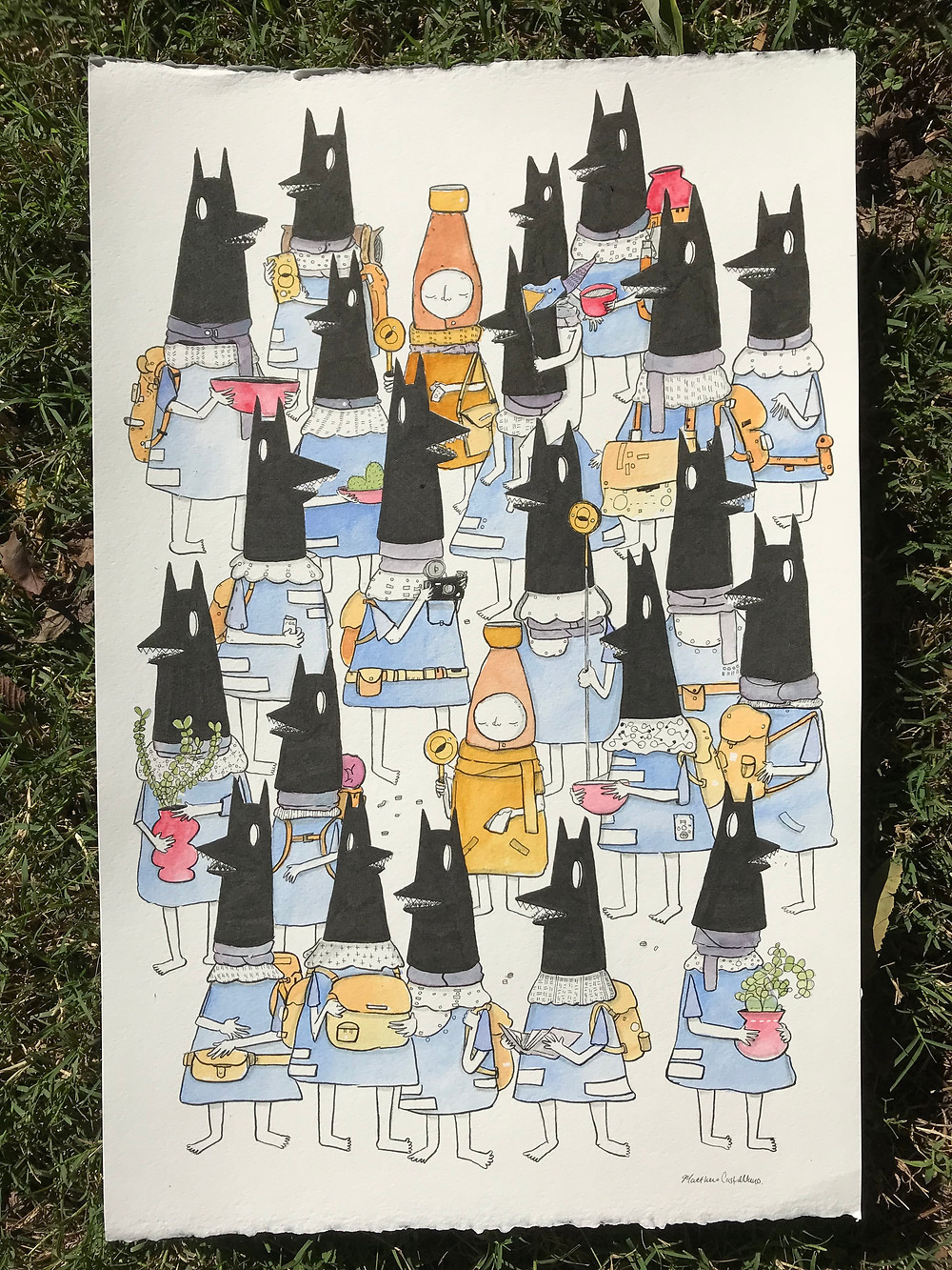 “DogHead Blue Day Ostentation” 14.5” X 22” Watercolor and Ink on 140lb hot press watercolor paper.