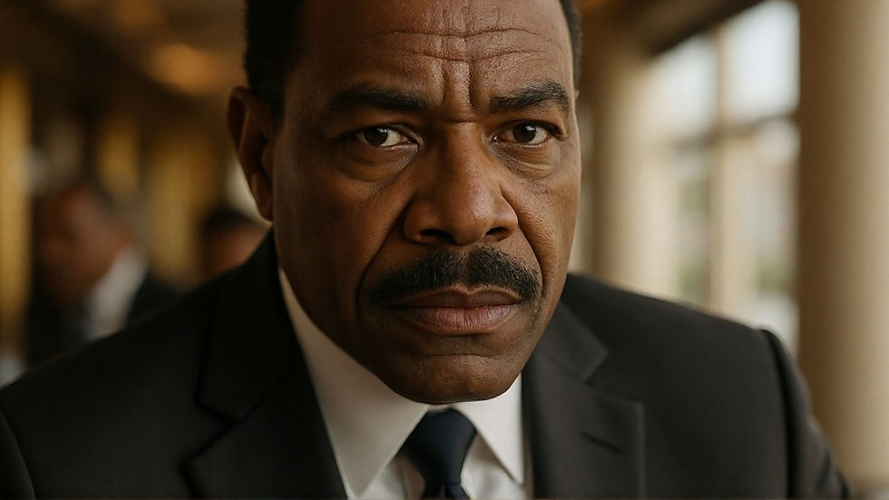 Close-up of a man in a suit with a serious expression. Blurred background with warm tones creates a focused, dramatic mood. Icarus Book. Mars colonization