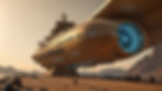 Futuristic spaceship docked at sunset, with people and vehicles below on a platform. Mountains and sea in the background, creating a serene mood. Ms Vittoria, Mars
