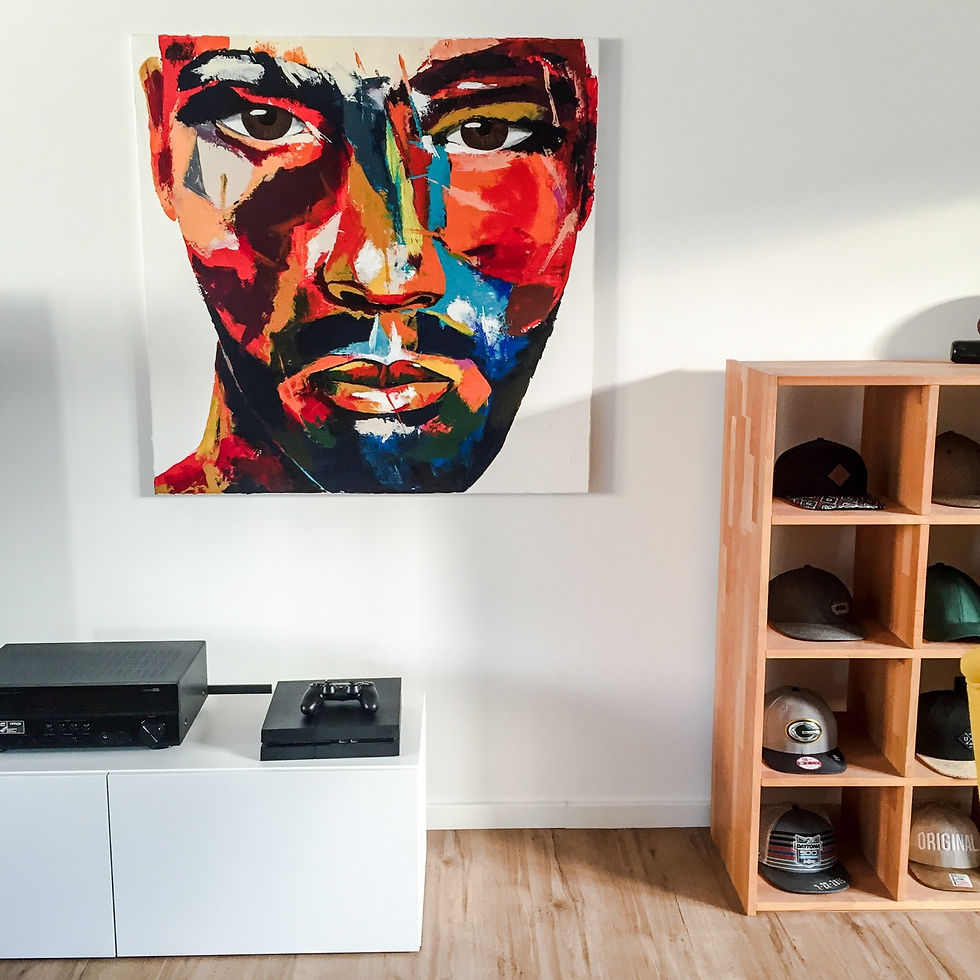 Phillip 100x100 cm The portrait painting has started with the desire to portrait my love. I used as much colours as I could because I am addicted by colours and the accidentally mixes and matches. Back then, light and shadow were important for breathing life into my artworks