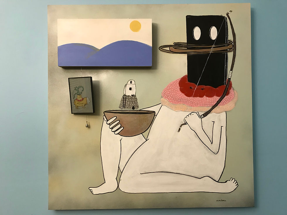 “Song Of The Brass Rings” Acrylic on 36”x36” wooden panel with mounted 10”x20” wooden panel & 4”x6” framed watercolor and ink on heavyweight blue toned paper hanging wire and fishing weights.