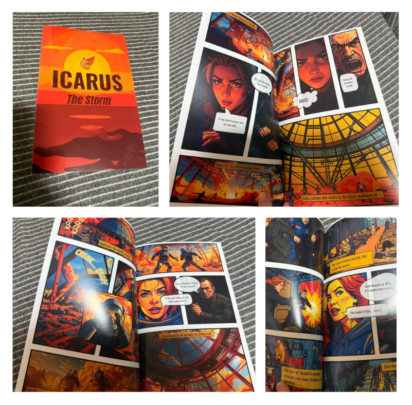 Comic titled "ICARUS The Storm" with vivid illustrations and dialogue. Panels show intense scenes, characters in dramatic moments, set indoors.