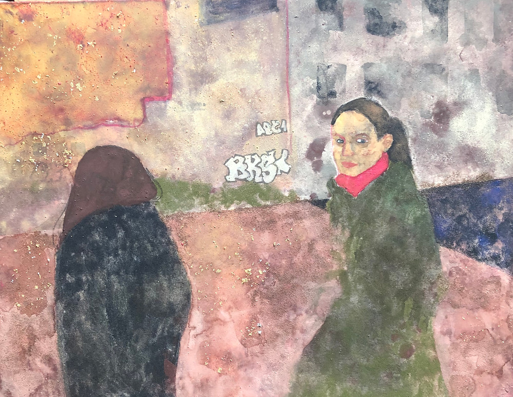 “Look away” Japanese mineral pigments on Japanese paper 25x20 cm, 2019 The painting features two people caught in an urban setting. The city behind the two seems as if it’s floating, pulsating. It reminds of a dream, or a distant memory: some parts aren’t as sharp as the others, and the atmosphere is filled simultaneously with a sense of uncertainty, and a warm reassuring light of a setting sun.