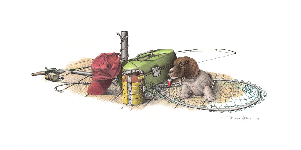 BOBBER Original Vignette Size: 33" x 21" Colored Pencil on Foamcore Bobber was an idea that came to me on day while standing on my dock at our lake property. For my whole life, it was always common for us to walk down to the lake and drop all of our fishing gear into a big a pile on the shoreline or the dock while preparing to head out and fish for the day. In this particular image, a Springer spots the bobber and is immediately entranced. Better get over there before he finds the hook!