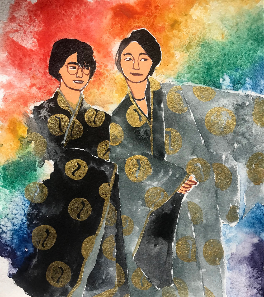 The illustration features two young women in the beginning of their relationship. They both are wearing traditional Japanese male clothing. There is a sense of festivity and excitement associated with falling in love and pride of being who you are.