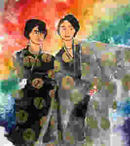The illustration features two young women in the beginning of their relationship. They both are wearing traditional Japanese male clothing. There is a sense of festivity and excitement associated with falling in love and pride of being who you are.