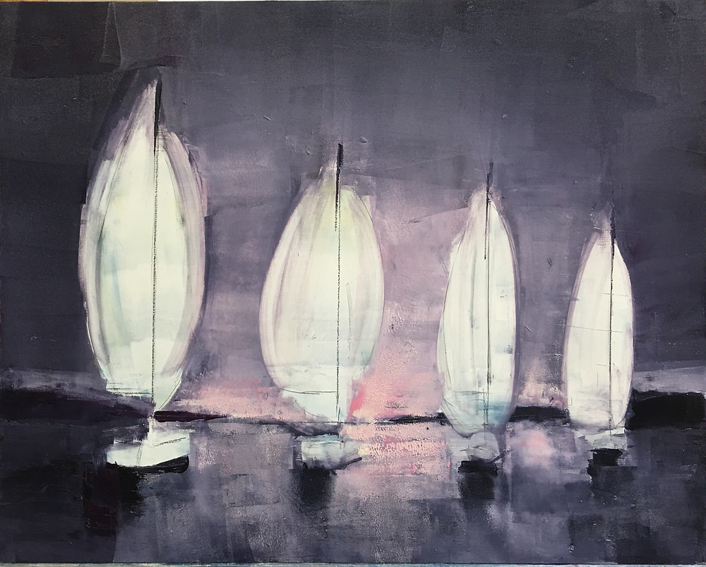 “Magical Moments” Oil on wood panel, 16x20 Obsessed with sailboats with the water reflections and colorful environments.