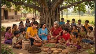 బామ్మ మార్గదర్శకత్వంలో అర్జున్, నీలిమ, చింటూ మరియు ఇతర పిల్లలు విత్తన బంతులు తయారు చేస్తూ, ఎండిపోయిన గ్రామాన్ని మళ్లీ పచ్చదనంతో నింపేందుకు మొక్కల నాటే కార్యక్రమంలో పాల్గొంటున్న దృశ్యం.