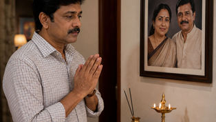 శ్రీరామ్ తన తల్లిదండ్రుల ఫోటో ముందు నిలబడి భావోద్వేగంగా నమస్కరిస్తున్న దృశ్యం