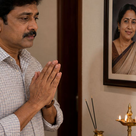 శ్రీరామ్ తన తల్లిదండ్రుల ఫోటో ముందు నిలబడి భావోద్వేగంగా నమస్కరిస్తున్న దృశ్యం