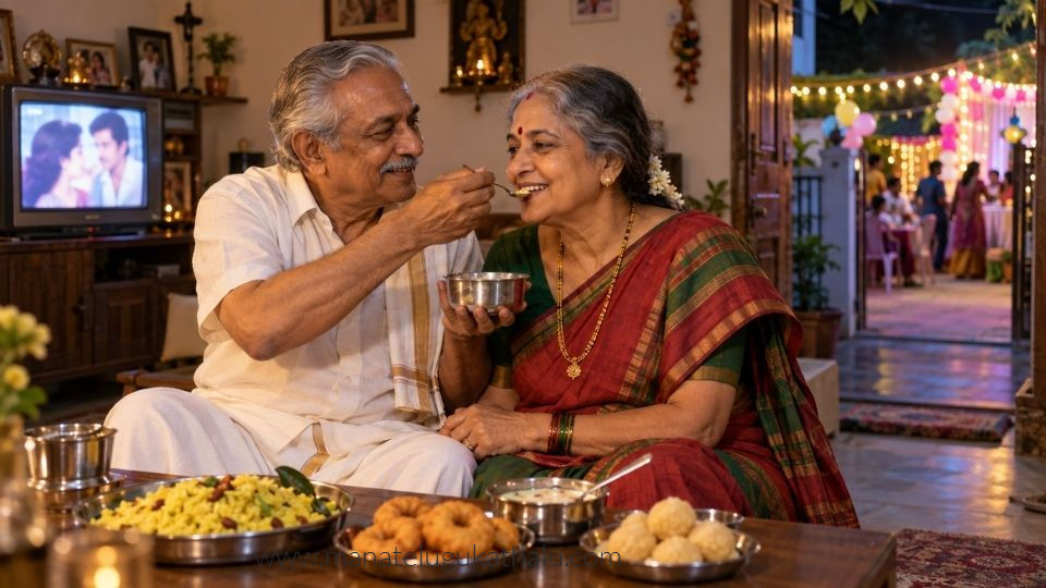 బహుమతి తెలుగు కథలో పెళ్లిరోజున ప్రేమగా ఒకరికొకరు పాయసం తినిపించుకుంటున్న రామారావు శారద దంపతులు