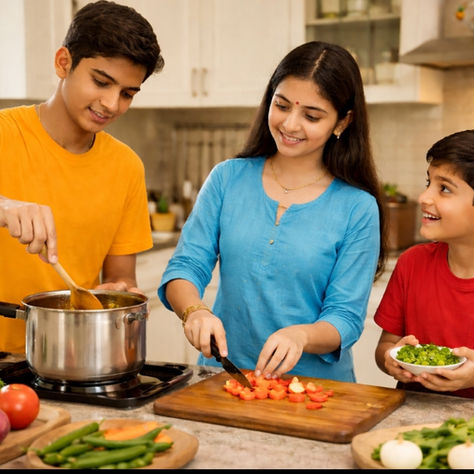 children helping mother cooking family emotional scene