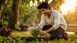 www.manatelugukathalu.com లో ప్రచురింపబడ్డ 'నన్ను నేను కనుగొన్న రోజు' కథలో ప్రేమతో పెంచిన పూల మొక్కను చూస్తూన్న యువకుడు.