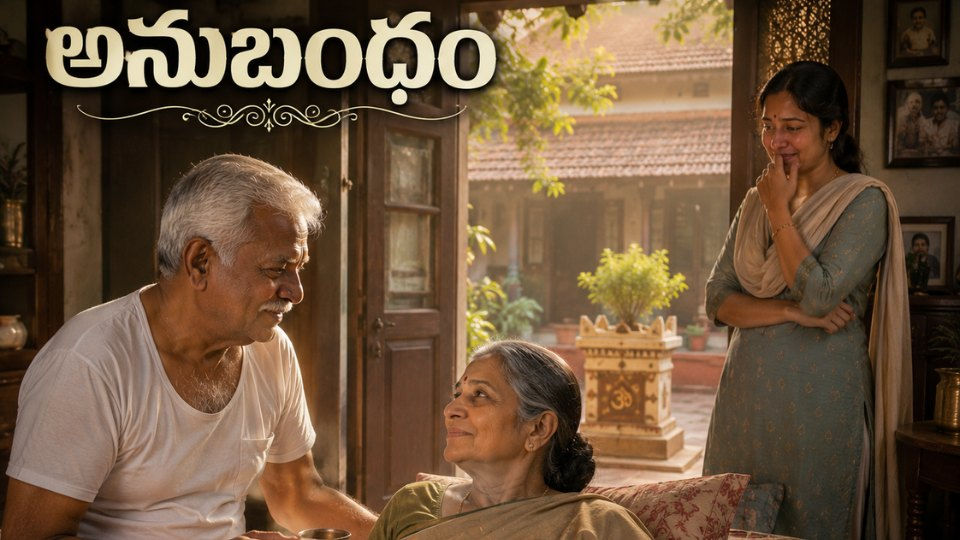 అప్యాయంగా చూసుకుంటున్న వృద్ధ తెలుగు భర్తను చూసి ఆనందభాష్పాలతో నిలబడి ఉన్న కుమార్తె. జీవితాంతం నిలిచే భార్యాభర్తల అనుబంధం, ప్రేమ, సేవాభావం, కుటుంబ విలువలను ప్రతిబింబించే భావోద్వేగ తెలుగు కుటుంబ దృశ్యం.