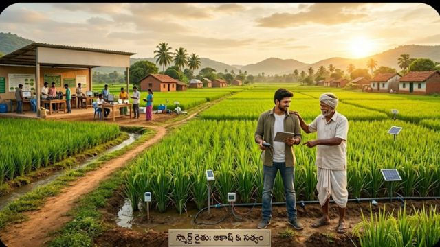 స్మార్ట్ ఫార్మింగ్ టెక్నాలజీ ఉపయోగిస్తూ రైతుతో కలిసి పొలంలో పనిచేస్తున్న యువ ఇంజనీర్