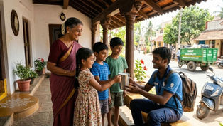 ఎండలో అలసిపోయిన కొరియర్ యువకుడికి చల్లటి మజ్జిగ ఇస్తూ ఆప్యాయంగా మాట్లాడుతున్న బామ్మను చూపించే భావోద్వేగ తెలుగు కుటుంబ కథ పోస్టర్.