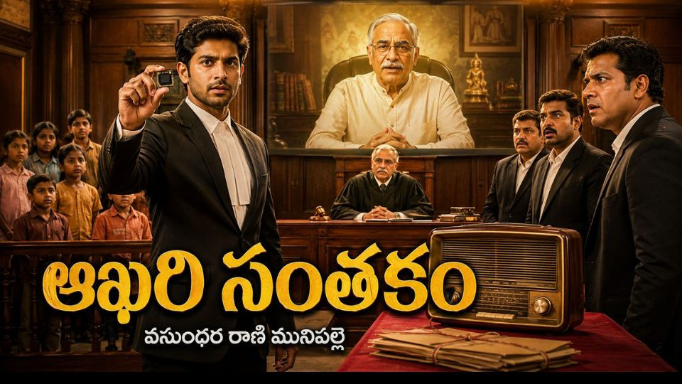 www.manatelugukathalu.com లో ప్రచురింపబడ్డ “ఆఖరి సంతకం” కథకు సంబంధించిన వెబ్ బ్యానర్ – కోర్టులో కీలకమైన డిజిటల్ సాక్ష్యాన్ని సమర్పిస్తున్న అభిరామ్, స్క్రీన్పై రాఘవయ్య గారి చివరి వీడియో సందేశం, న్యాయం వైపు నిలిచిన నిజం, నేపథ్యంలో అనాథ పిల్లల భవిష్యత్తును సూచించే భావోద్వేగ దృశ్యం.