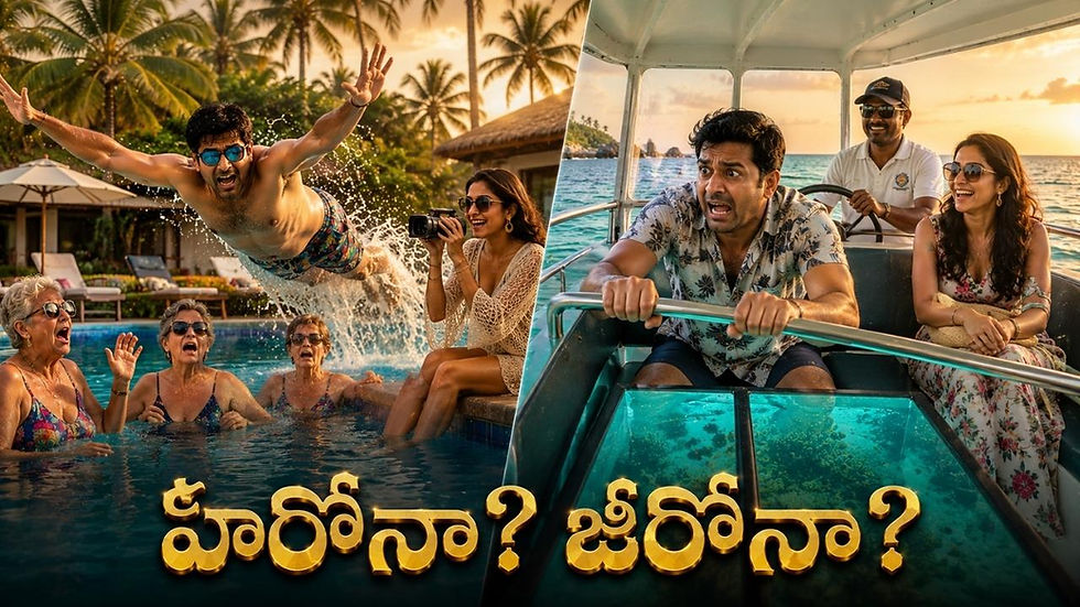 శ్రీలంక హనీమూన్‌లో స్విమ్మింగ్ పూల్‌లో హీరోగా నిరూపించుకోవాలని ప్రయత్నించి, గ్లాస్ బోట్‌లో భయపడిపోయిన భర్తను చూసి నవ్వుతున్న భార్యను చూపించే హాస్యభరిత దృశ్యం.