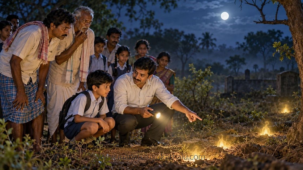 స్మశానం సమీపంలో కనిపించిన రహస్య కాంతుల గురించి భువన్కు శాస్త్రీయంగా వివరిస్తున్న ఉపాధ్యాయుడు చందు – మూఢనమ్మకం తెలుగు బాలల కథ