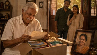 “ఆమె చిరునామా” కథలో సీతమ్మ పేరుతో వచ్చిన పార్సిల్ను తెరిచి కన్నీళ్లతో చూస్తున్న వృద్ధ తండ్రి రాఘవయ్య, వెనుకకు తిరిగి వచ్చిన అతని పిల్లలు అరవింద్ మరియు మాధవి.