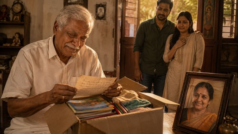 “ఆమె చిరునామా” కథలో సీతమ్మ పేరుతో వచ్చిన పార్సిల్ను తెరిచి కన్నీళ్లతో చూస్తున్న వృద్ధ తండ్రి రాఘవయ్య, వెనుకకు తిరిగి వచ్చిన అతని పిల్లలు అరవింద్ మరియు మాధవి.