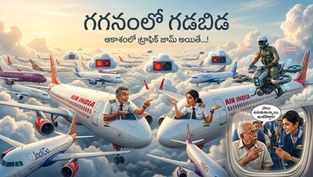 మేఘాల మధ్య ట్రాఫిక్ జామ్లో నిలిచిపోయిన అనేక విమానాలు, గొడవపడుతున్న పైలట్లు, గాల్లో విధులు నిర్వహిస్తున్న ట్రాఫిక్ పోలీస్, ఆశ్చర్యంతో చూస్తున్న ప్రయాణికులతో కూడిన వినోదభరిత ఆకాశ దృశ్యం.