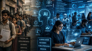 AI టెక్నాలజీతో మారుతున్న భారత ఉద్యోగ రంగాన్ని సూచించే డిజిటల్ కాన్సెప్ట్ చిత్రం