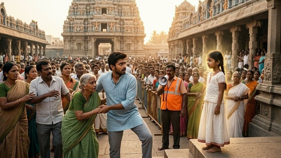 ఏకాదశి రోజున దేవాలయ క్యూలో జరిగిన తోపులాట మధ్య దివ్య సందేశాన్ని గ్రహిస్తున్న సుందరం