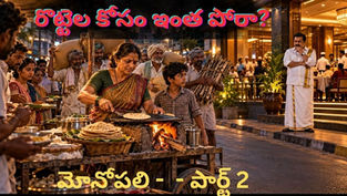 మోనోపలి ఆధిపత్య పోరులో రైతుల అండతో రొట్టెల బండి నడుపుతున్న గోపమ్మ, పక్కన గోపి, ఎదురుగా హోటల్ యజమాని హరిశ్చంద్రరావు