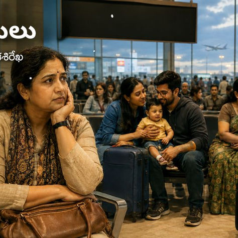 www.manatelugukathalu.com లో ప్రచురింపబడ్డ షడ్రుచులు కథలో విమానాశ్రయంలో ప్రయాణ అంతరాయాల మధ్య ఆలోచనలో మునిగిపోయిన సుమతి చుట్టూ వివిధ జీవిత అనుభవాలతో ఉన్న ప్రయాణీకులను చూపించే హృద్యమైన దృశ్యం.