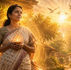 Telugu mother standing before a traditional village home at sunrise, surrounded by a golden aura symbolizing unconditional love, courage, sacrifice, and humanity in the poem "అమ్మ హృదయమే".