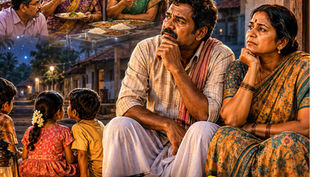 పెళ్లి వేడుకలో విమర్శలు వింటూ ఆలోచనలో మునిగిపోయిన గిట్టయ్య–సంతాలమ్మ దంపతులను చూపించే భావోద్వేగ తెలుగు గ్రామీణ కథ పోస్టర్.