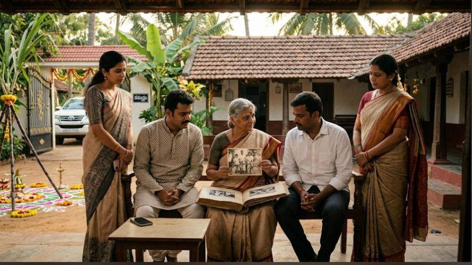 పండుగ వాతావరణంతో అలంకరించిన సంప్రదాయ తెలుగు ఇంట్లో వృద్ధ తల్లి జయలక్ష్మి పాత ఫోటో ఆల్బమ్ను తన ఇద్దరు కుమారులకు చూపిస్తోంది.