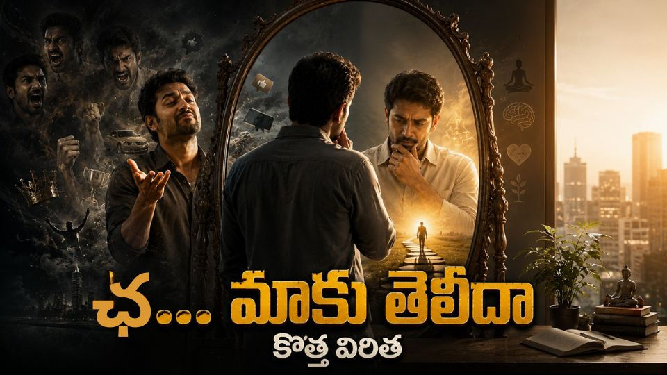 "అద్దం ముందు నిలబడి తనను తాను పరిశీలించుకుంటున్న వ్యక్తి, అహంకారం మరియు ఆత్మపరిశీలన మధ్య ఉన్న వ్యత్యాసాన్ని ప్రతిబింబించే ప్రేరణాత్మక తెలుగు వెబ్ బ్యానర్ – ‘ఛ... మాకు తెలీదా’."