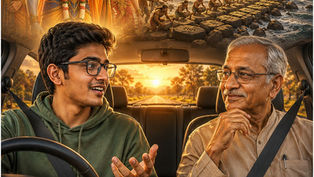 కారులో ప్రయాణిస్తూ తాతతో రామాయణం గురించి ఆధునిక దృక్పథంతో చర్చిస్తున్న యువకుడు అభి. నేపథ్యంలో శ్రీరాముడు, రామసేతు ప్రతీకలు కనిపిస్తూ పురాతన జ్ఞానం మరియు ఆధునిక ఆలోచనల కలయికను సూచిస్తున్న దృశ్యం.