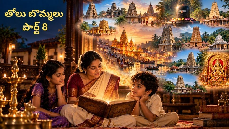 తోలు బొమ్మలు పార్ట్ 8 – కాశీ విశ్వనాథ ఆలయం, పంచారామాలు, జ్యోతిర్లింగాల విశేషాలను చంద్రశేఖర్, కావ్యలకు చదివి వినిపిస్తున్న సుశీల.