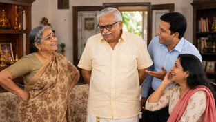 "నా కళ్ళు చెబుతున్నాయీ" తెలుగు కామెడీ కథ – భార్య కళ్ళజోడు పెట్టుకుని పవరు మారిపోయిందని భావించిన వృద్ధుడు, కళ్ళజోడు కనిపించడం లేదని వెతుకుతున్న భార్య, నిజం తెలుసుకుని నవ్వుతున్న కుటుంబ సభ్యులు.