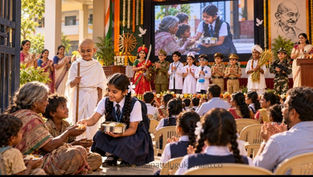 గాంధీ జయంతి వేషధారణ పోటీలో పేదవారికి తన టిఫిన్ ఆహారం అందిస్తున్న వింధ్యను అభినందిస్తున్న విద్యార్థులు, ఉపాధ్యాయులు