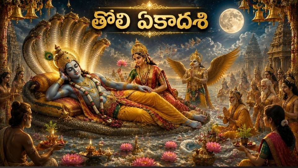 ఆదిశేషునిపై క్షీరసాగరంలో యోగనిద్రలోకి ప్రవేశిస్తున్న శ్రీమహావిష్ణువు, శ్రీమహాలక్ష్మి, గరుడుడు, మహర్షులు భక్తితో ఆరాధిస్తున్న తొలి ఏకాదశి దివ్య దృశ్యం