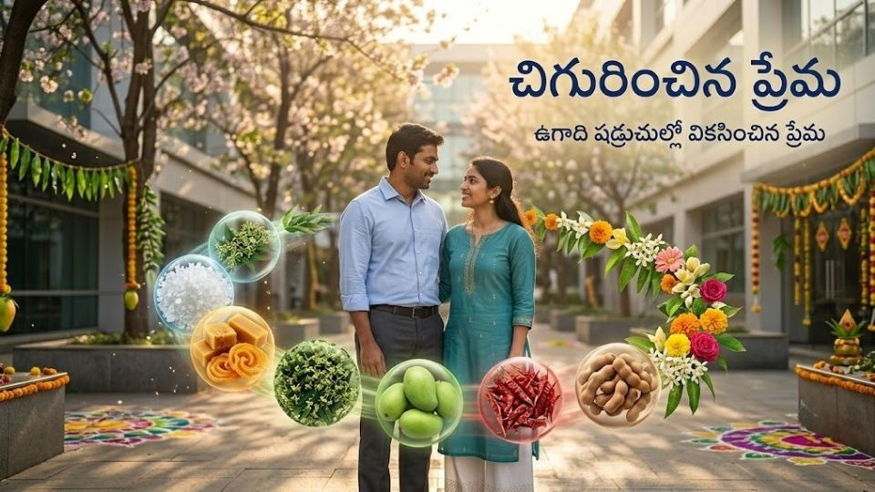 ఉగాది షడ్రుచుల ప్రతీకల మధ్య సాకేత్, జాహ్నవి ప్రేమ వికసిస్తున్న ప్రతీకాత్మక దృశ్యం