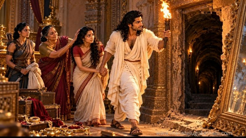 కచ దేవయాని పార్ట్ 71లో రహస్య సొరంగ మార్గం ద్వారా రాజభవనాన్ని వదిలి బయలుదేరుతున్న యయాతి, శర్మిష్ఠ