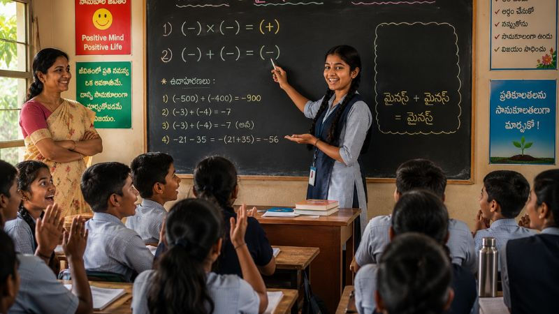 బోర్డు ముందు మైనస్ గుర్తులతో గణితం చెబుతున్న విద్యార్థిని శ్రీలేఖ, ఆసక్తిగా వింటున్న విద్యార్థులు