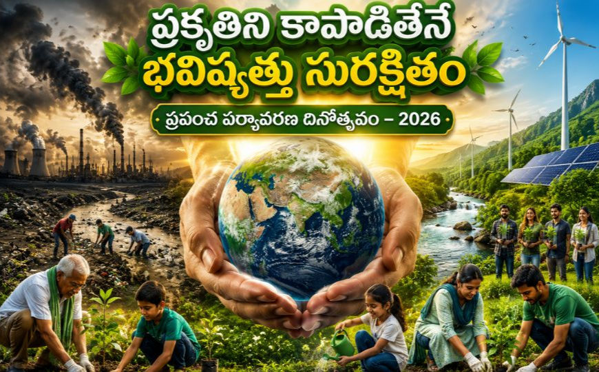ప్రపంచ పర్యావరణ దినోత్సవం సందర్భంగా భూమిని సంరక్షిస్తున్న చేతులు, చెట్లు నాటుతున్న ప్రజలు, సౌర మరియు పవన శక్తి వనరులు, పచ్చని ప్రకృతి మరియు సుస్థిర భవిష్యత్తును సూచించే దృశ్యం.