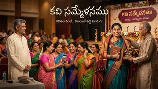 కవి సమ్మేళనంలో కొత్త పట్టుచీర ధరించి సన్మానం అందుకుంటున్న రాణి, ఆమెను ప్రేమగా చూస్తున్న భర్త మూర్తి, రంగురంగుల చీరల్లో సాహిత్య మిత్రులతో సందడిగా సాగుతున్న తెలుగు కవి సమ్మేళనం.