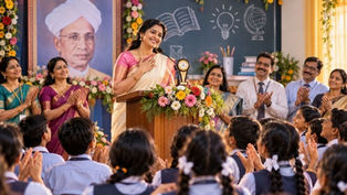 “బెస్ట్ టీచెర్” ఎవరు? ఉపాధ్యాయ దినోత్సవం సందర్భంగా విద్యార్థుల చేత ఉత్తమ ఉపాధ్యాయురాలిగా ఎంపికైన శ్రీలేఖ టీచర్ను అభినందిస్తున్న విద్యార్థులు.